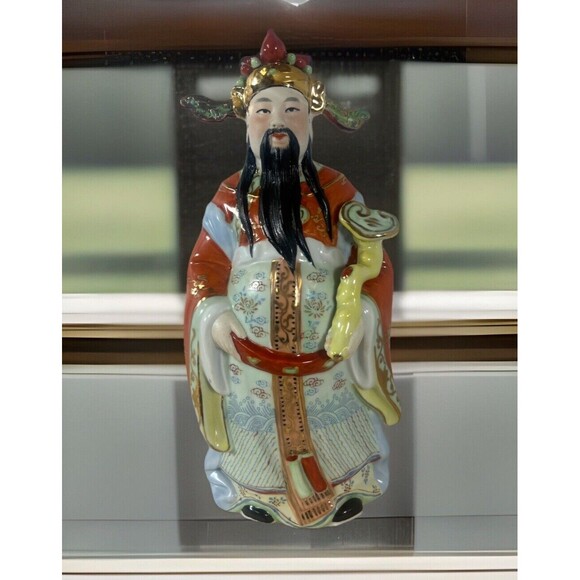 Chinese God Ceramic Statue General Kwan Reishi Mushroom 10” Vintage Asian Decor - Picture 1 of 16